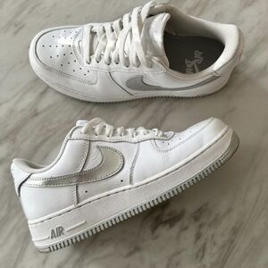 Nike Air Force 1, White Leather With Silver Accents, Men’s Size 7, Women’s 9